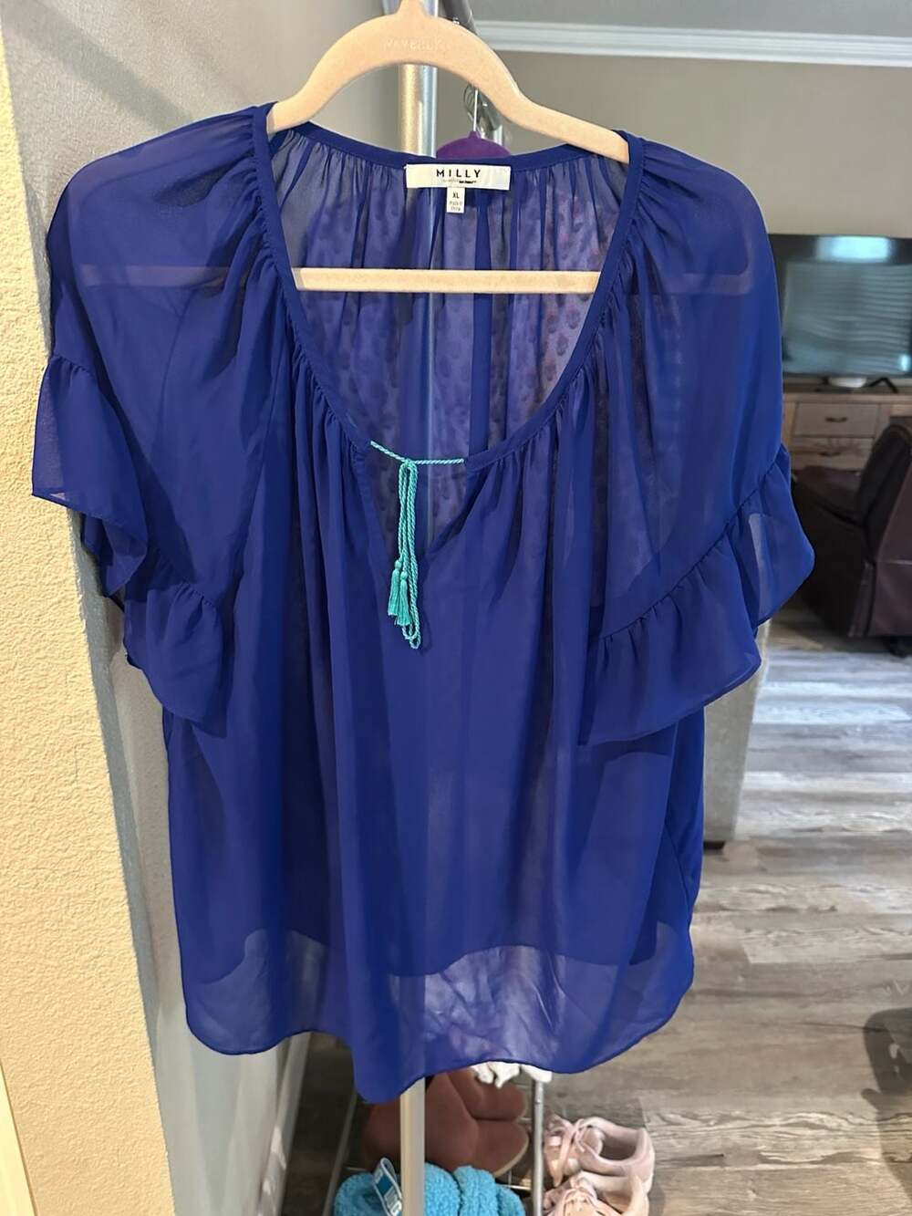 Milly for Design Nation Blue Sheer Chiffon Flutter Sleeve Blouse